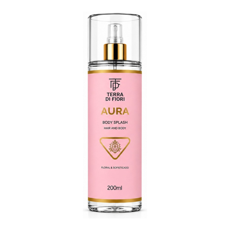 Body splash Aura 200 ml, frasco com rótulo rosa e faixa dourada