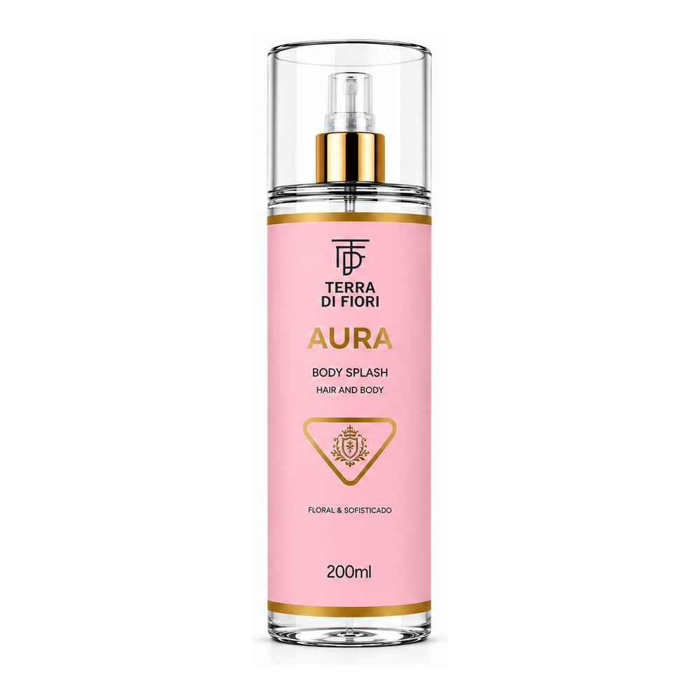 Body splash Aura 200 ml, frasco com rótulo rosa e faixa dourada