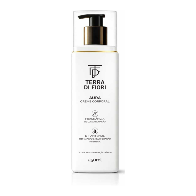 Creme corporal Aura 250 ml, frasco branco com anel dourado