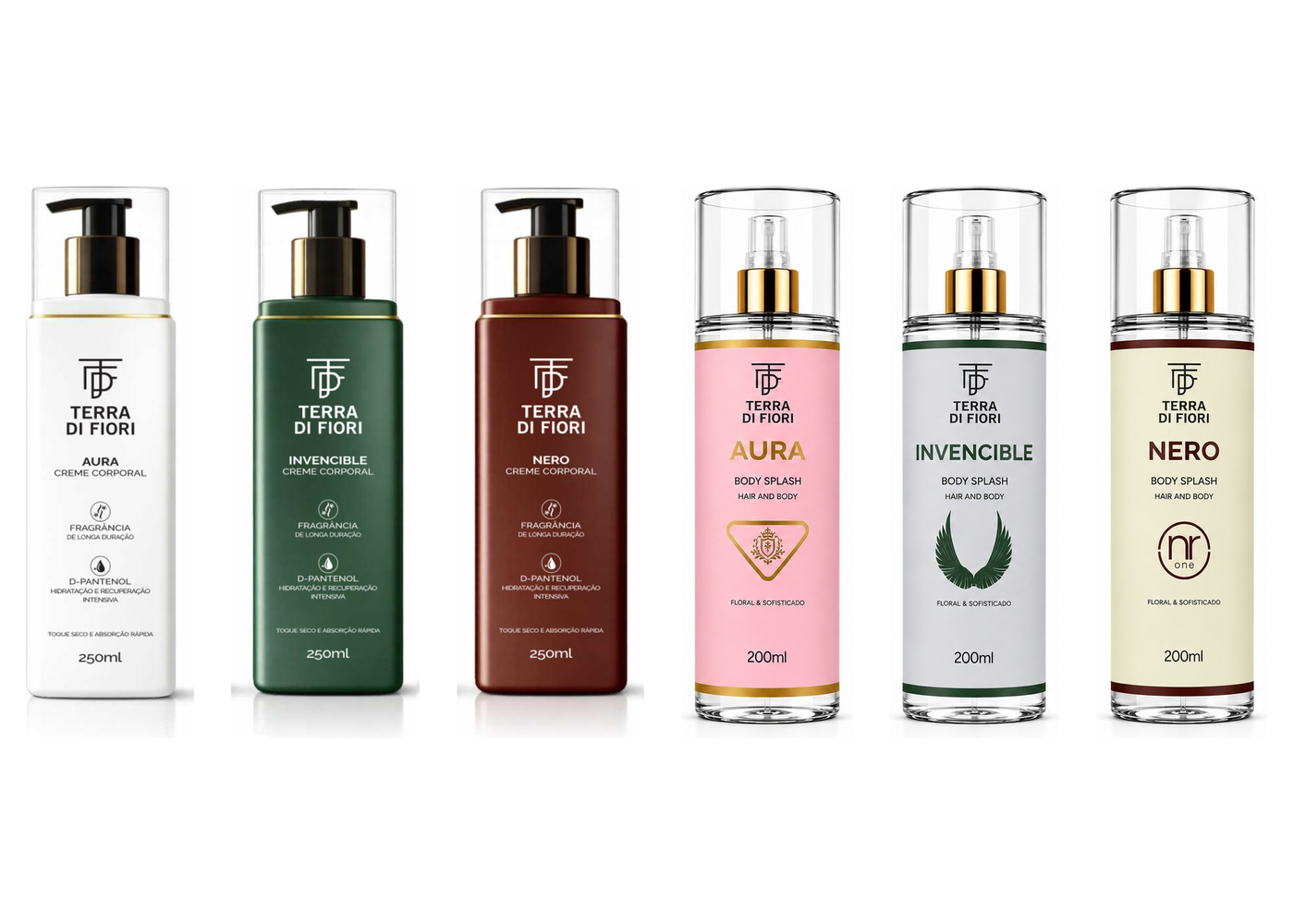 Os seis produtos da linha lado a lado
