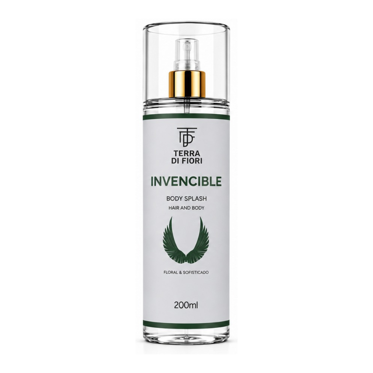 Body splash Invencible 200 ml, frasco com rótulo cinza e faixa verde