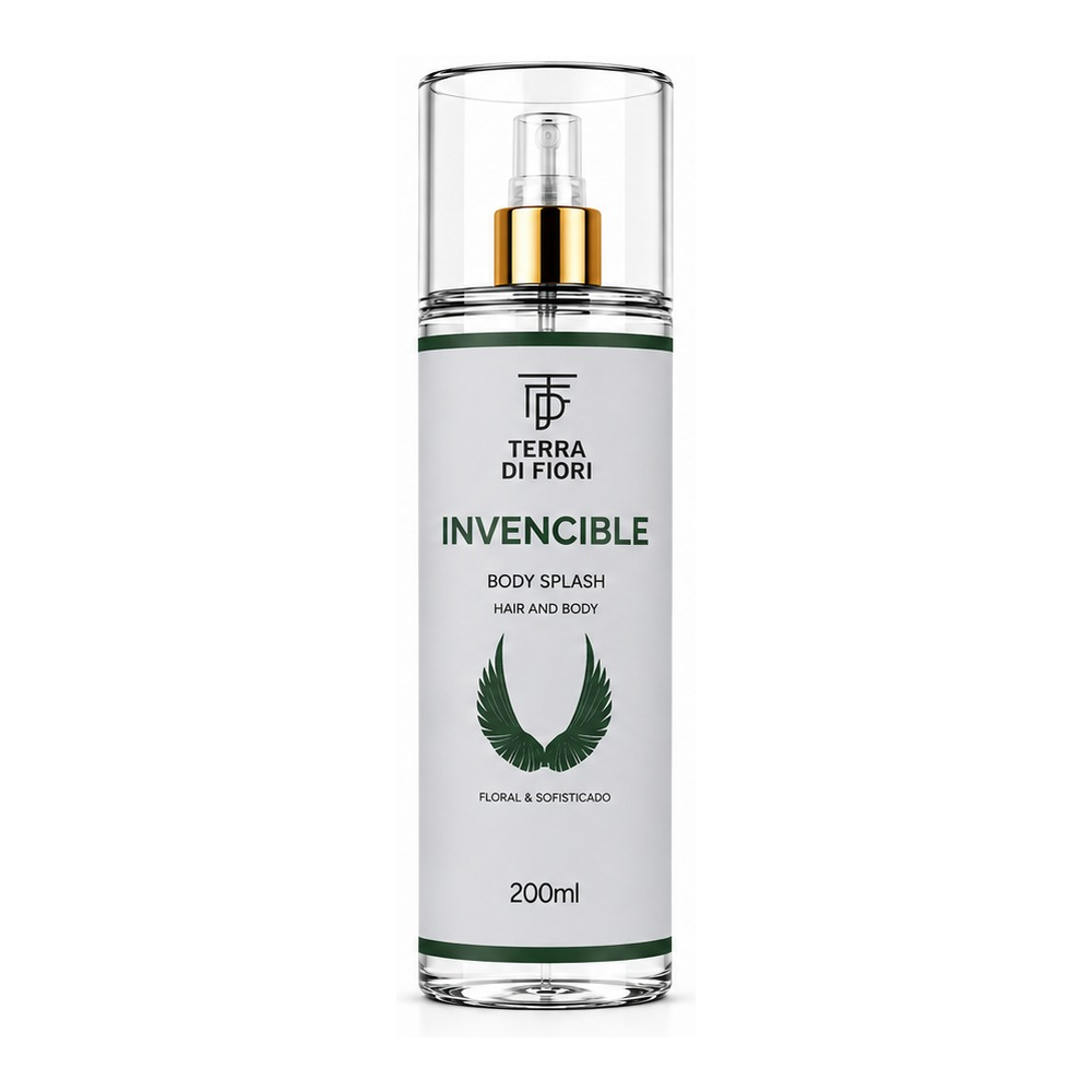 Body splash Invencible 200 ml, frasco com rótulo cinza e faixa verde