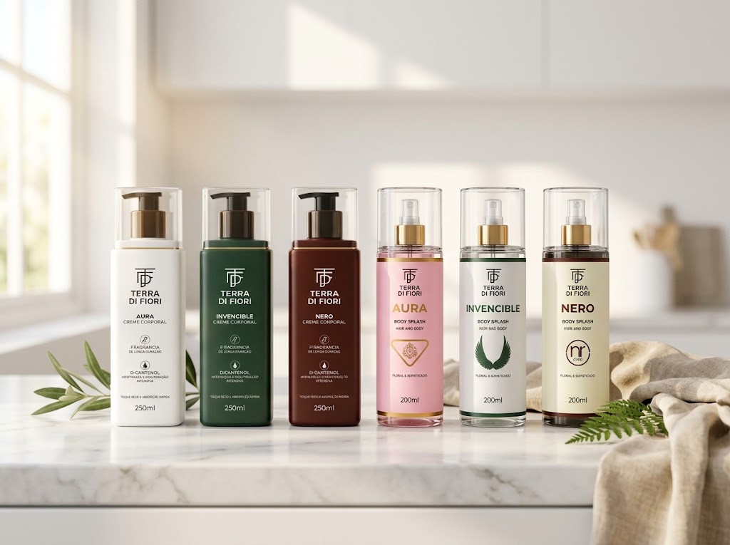 Os seis produtos Terra di Fiori enfileirados num balcão de mármore: três cremes corporais de 250 ml e três body splash de 200 ml