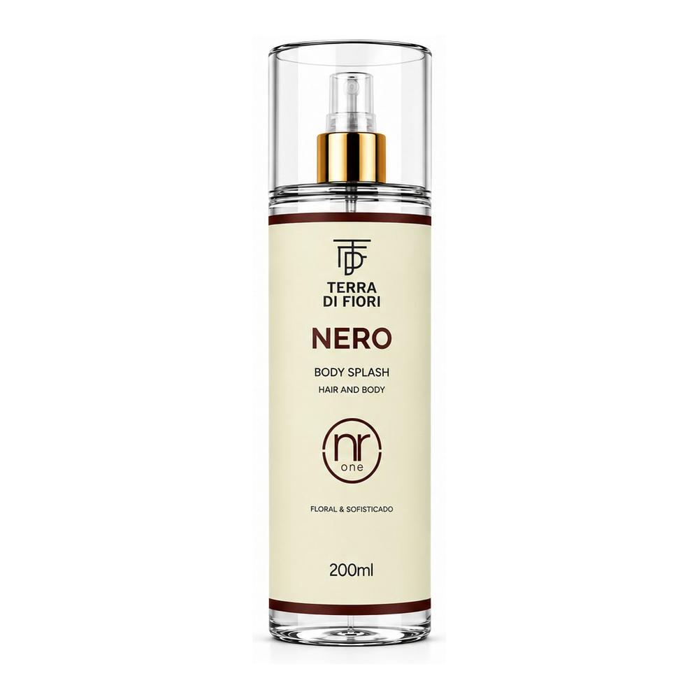 Body splash Nero 200 ml, frasco com rótulo creme e faixa bordô